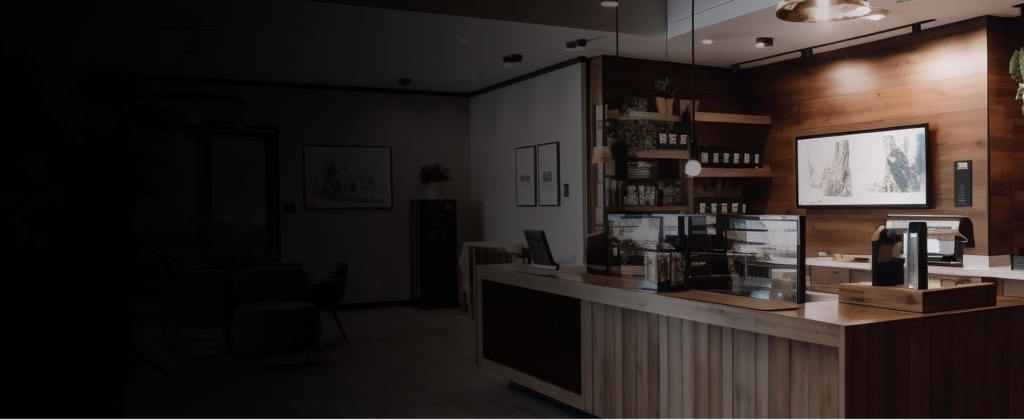 Wood paneled interior of a cannabis retail store